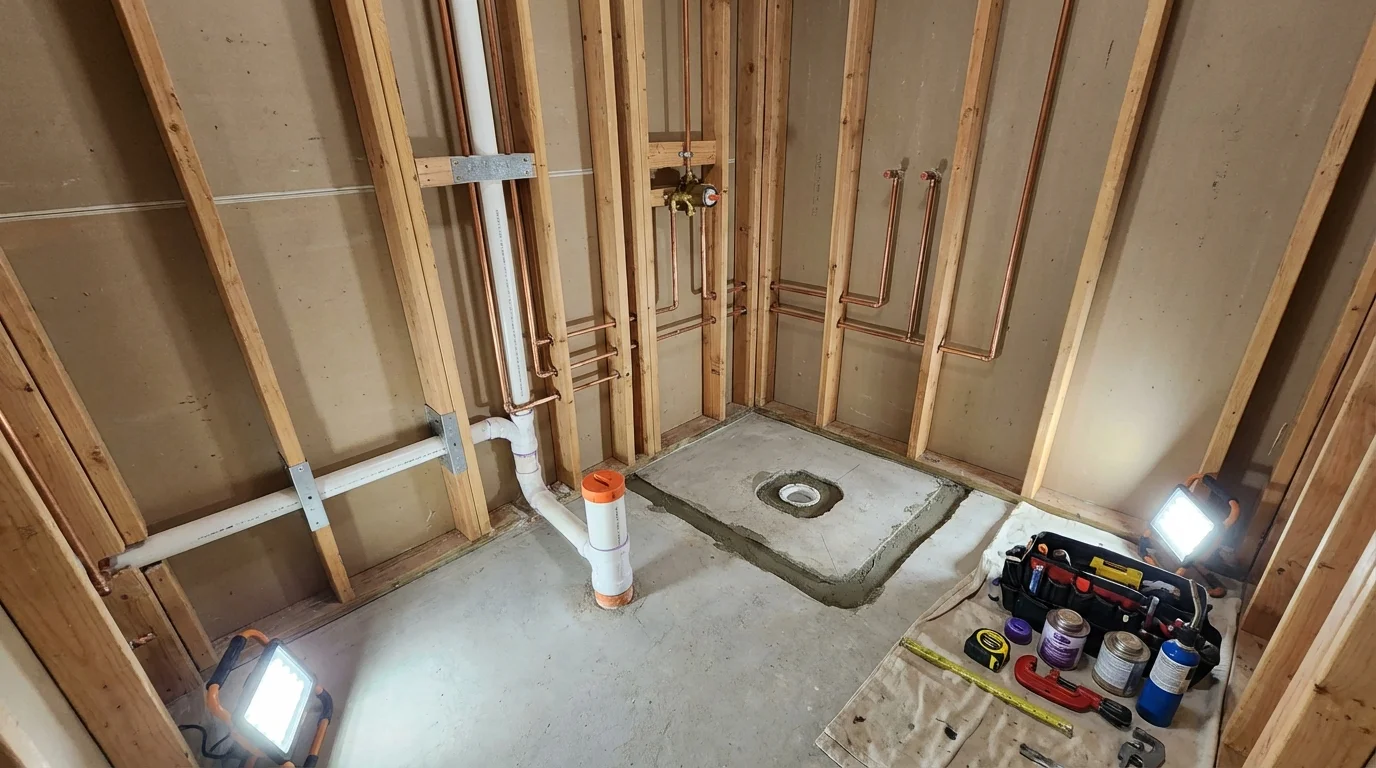 Bathroom rough-in plumbing during remodel by Johns Plumbing LLC in Natchez