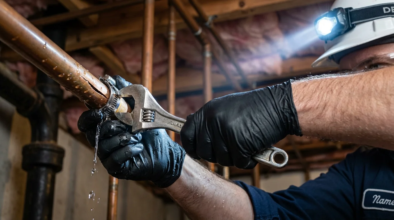 Emergency pipe clamp repair being performed by a Johns Plumbing LLC plumber in Natchez