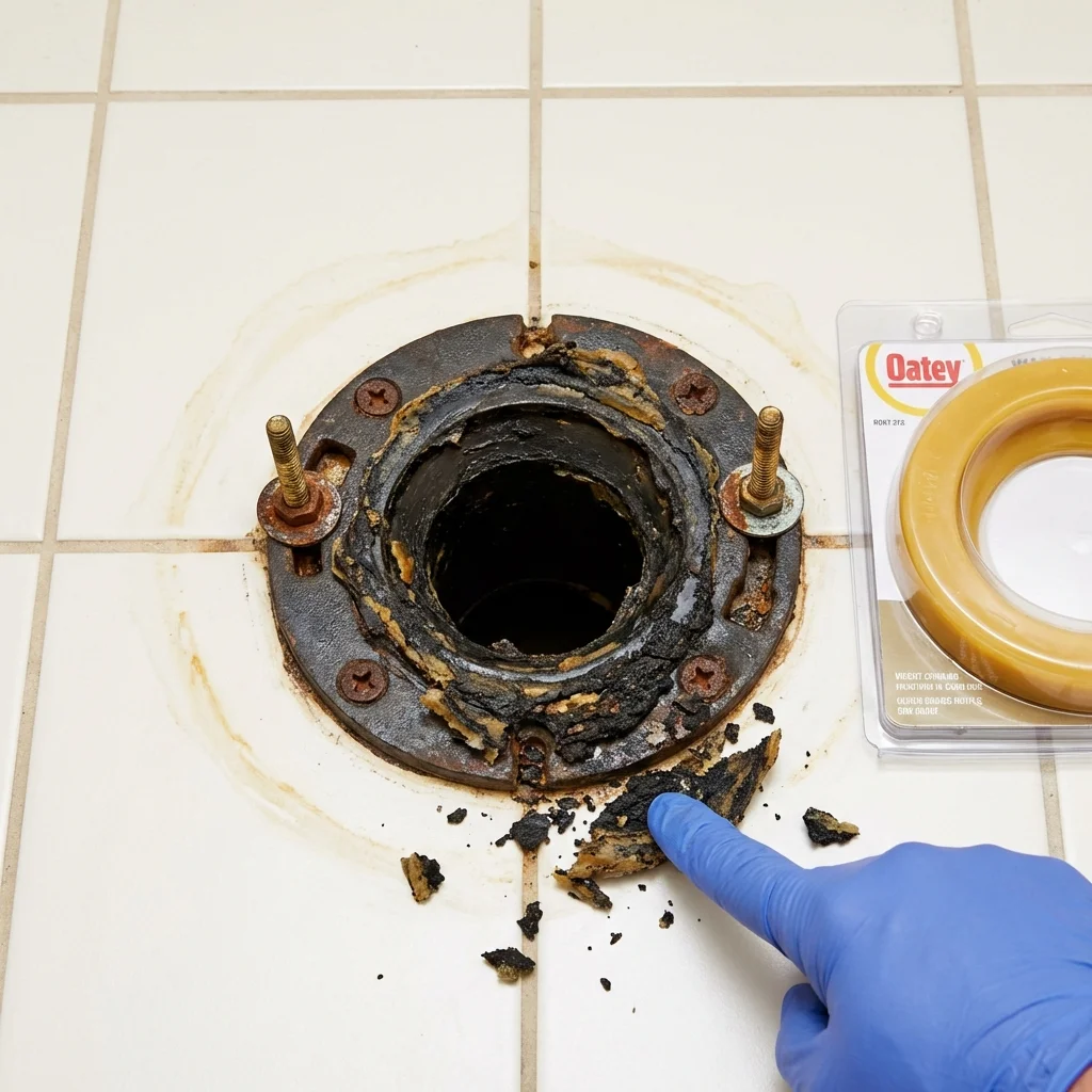 Failed wax ring showing water seepage at the base of a toilet in a Natchez, MS home
